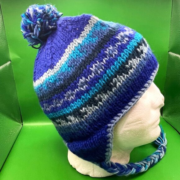 Gypsy Rose Handmade Knit Beanie Hat Chullo Fleece Lined Pom Braids Peruvian Boho - Picture 7 of 12